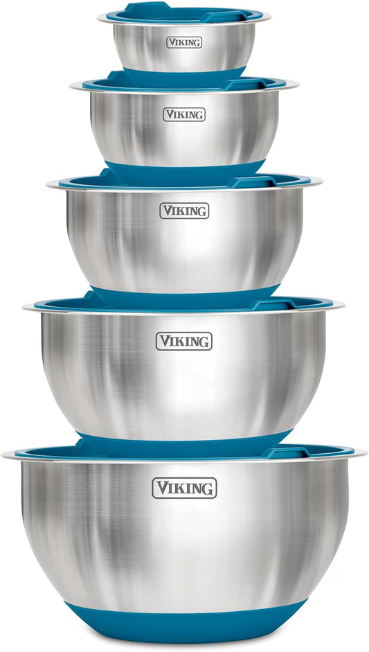 VIKING Mixing Bowls Set, 10 Piece Stainless Steel Kitchen Cookware, Non-Slip Silicone Base, Includes Tight Fit Lids, Dishwasher Safe, Blue