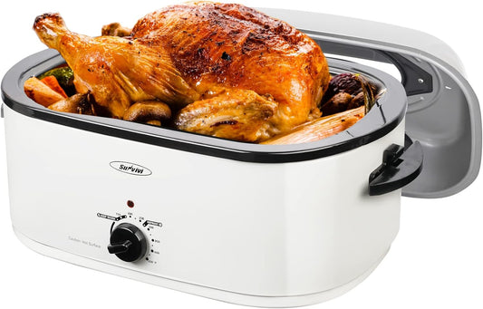 Sunvivi 22-Quart Roaster Oven with Visible Glass Lid, Sunvivi Electric Roaster with Removable Pan & Rack, 150-450°F Full-Range Temperature Control with Defrost/Warm Function, Stainless Steel, White