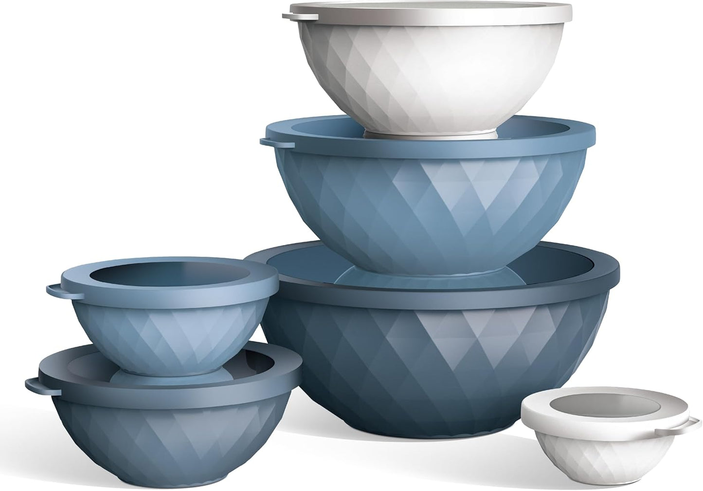 COOK WITH COLOR Mixing Bowls with Lids - 12 Piece Plastic Nesting Bowls Set includes 6 Prep Bowls and 6 Lids, Diamond Design - Microwave Safe, Denim