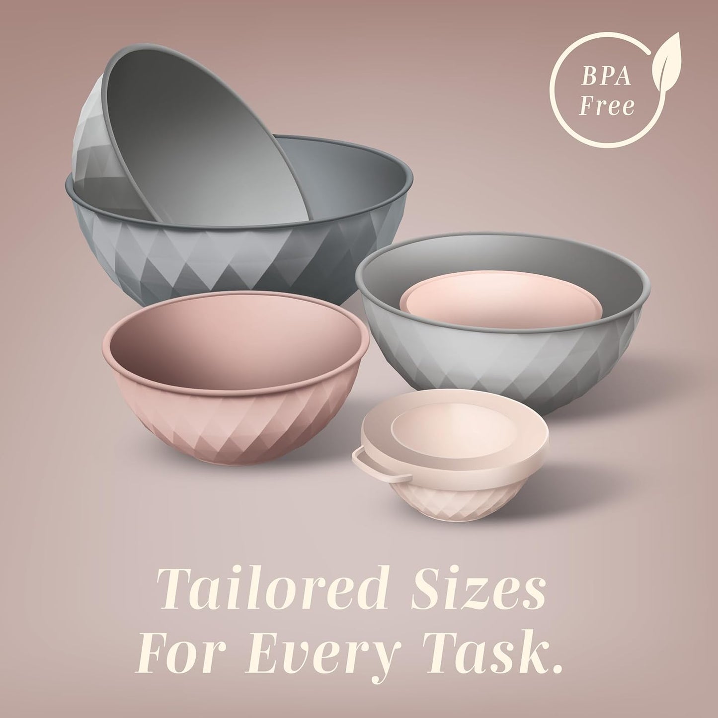 COOK WITH COLOR Mixing Bowls with Lids - 12 Piece Plastic Nesting Bowls Set includes 6 Prep Bowls and 6 Lids, Diamond Design - Microwave Safe, Pink and Grey