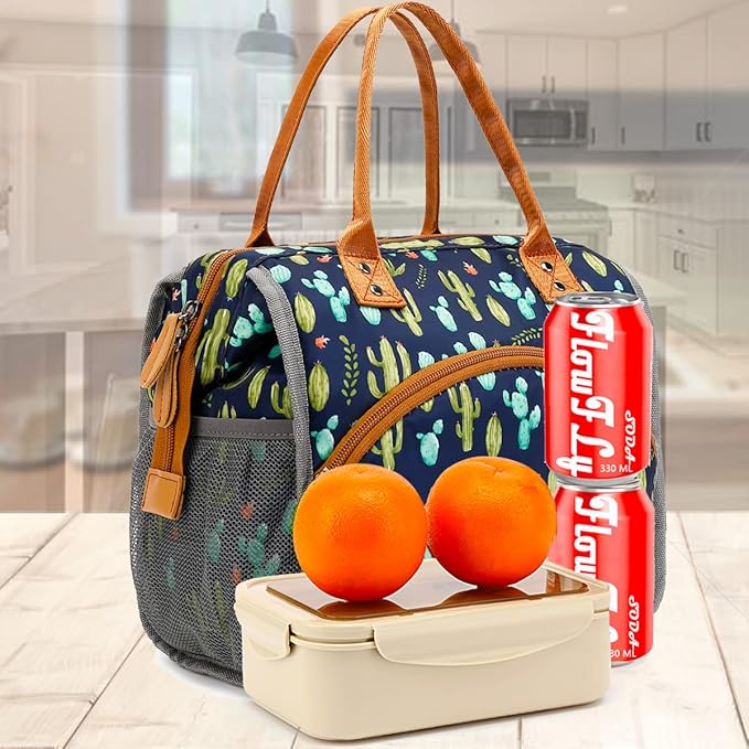 FlowFly Insulated Lunch Bag for Women, Men, Large and Reusable, Handle, Work and Travel Tote and Meal Prep Organizer, Cactus