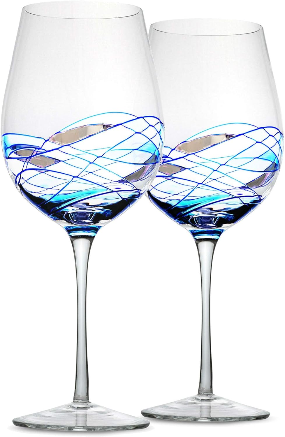 Bezrat Red Wine Glasses Set of 2, Hand Painted Wine Glass, Drinkware Essentials, 11" H, 28oz Wine Lover Large Glass, Glassware Gifts Ideas for Women Inspired by 'Duomo di Milano' Mothers Day (Blue)