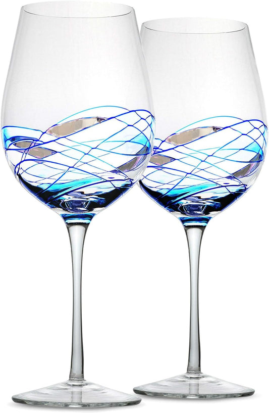Bezrat Red Wine Glasses Set of 2, Hand Painted Wine Glass, Drinkware Essentials, 11" H, 28oz Wine Lover Large Glass, Glassware Gifts Ideas for Women Inspired by 'Duomo di Milano' Mothers Day (Blue)