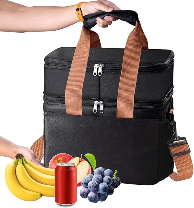 Upgraded Insulated Lunch Bag & Lunch Box for Men and Women - 15-20L Expandable Double Deck, Leakproof Soft Cooler Bag with Side Tissue Pocket - Large Adult Lunch Tote for Work, Picnic, Beach (Black)