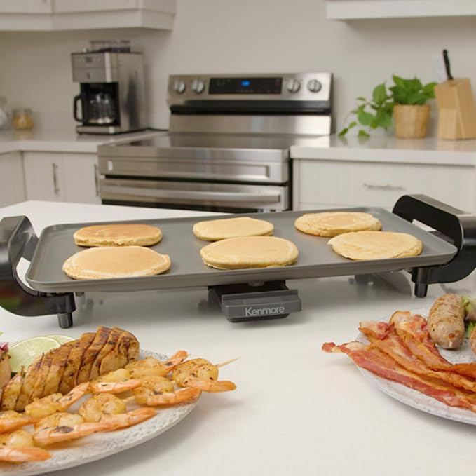 Kenmore Electric Griddle - Nonstick 10x18" Pan, External Temperature Control, Grill Bacon, Eggs, Pancakes, Crepes, Tortillas, Easy Clean Countertop Cooking Kitchen Appliance Removable Drip Tray