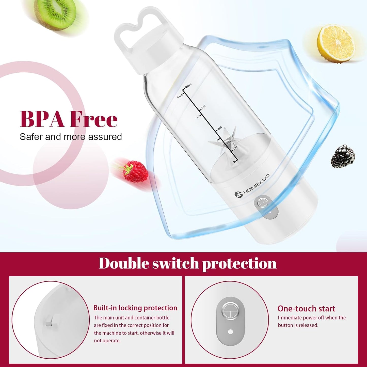 Portable Personal Blender 17 OZ/500 ML Juicer, 175W Personal Size Blender, Ideal for Smoothies, Ice Blending, Juicing, and Food Processing, Compact, Convenient, and Versatile (White)