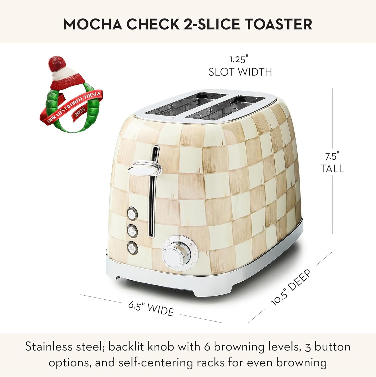 MACKENZIE-CHILDS 2-Slice Toaster, Decorative Toaster for Kitchen, Brown-and-White Mocha Check