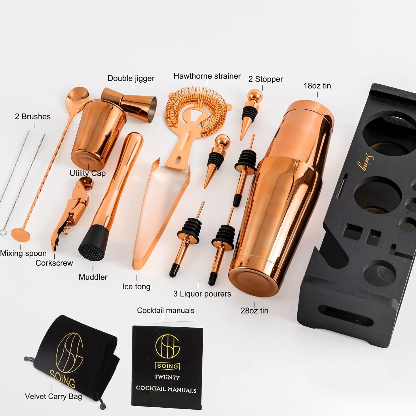 Soing 24-Piece Cocktail Shaker Set,Perfect Home Bartender Kit for Drink Mixing,Stainless Steel Bar Tools with Stand,Velvet Carry Bag & Recipes Cards Included (Rose copper)