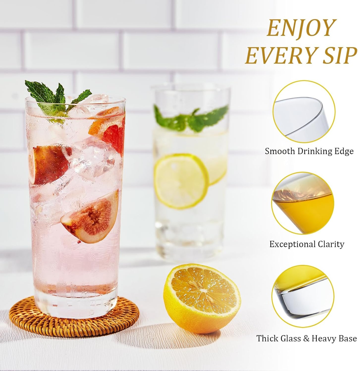 Heat-Resistant Drinking Glasses Set of 6 Double Fashioned Glass Lowball Tumblers 16oz Made From Premium Borosilicate All Crystal-Clear Water Cups, Mixed Drinkware For Daily Use - CL Count (Pack 1)