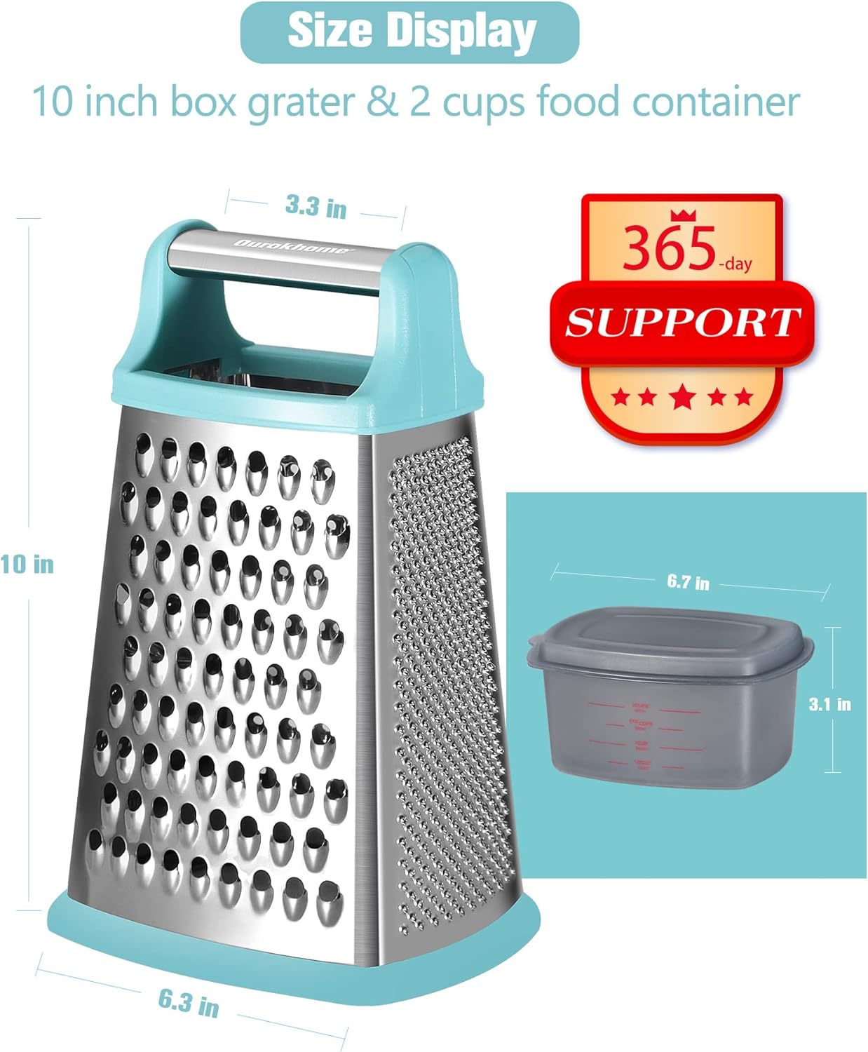 Ourokhome Cheese Grater with Handle, Stainless Steel Box Grater, 4 Side Kitchen Vegetable Shredder Slicer Zester with Container for Parmesan, Cabbage, Ginger, Lemon, Chocolate, Coconut (Teal)