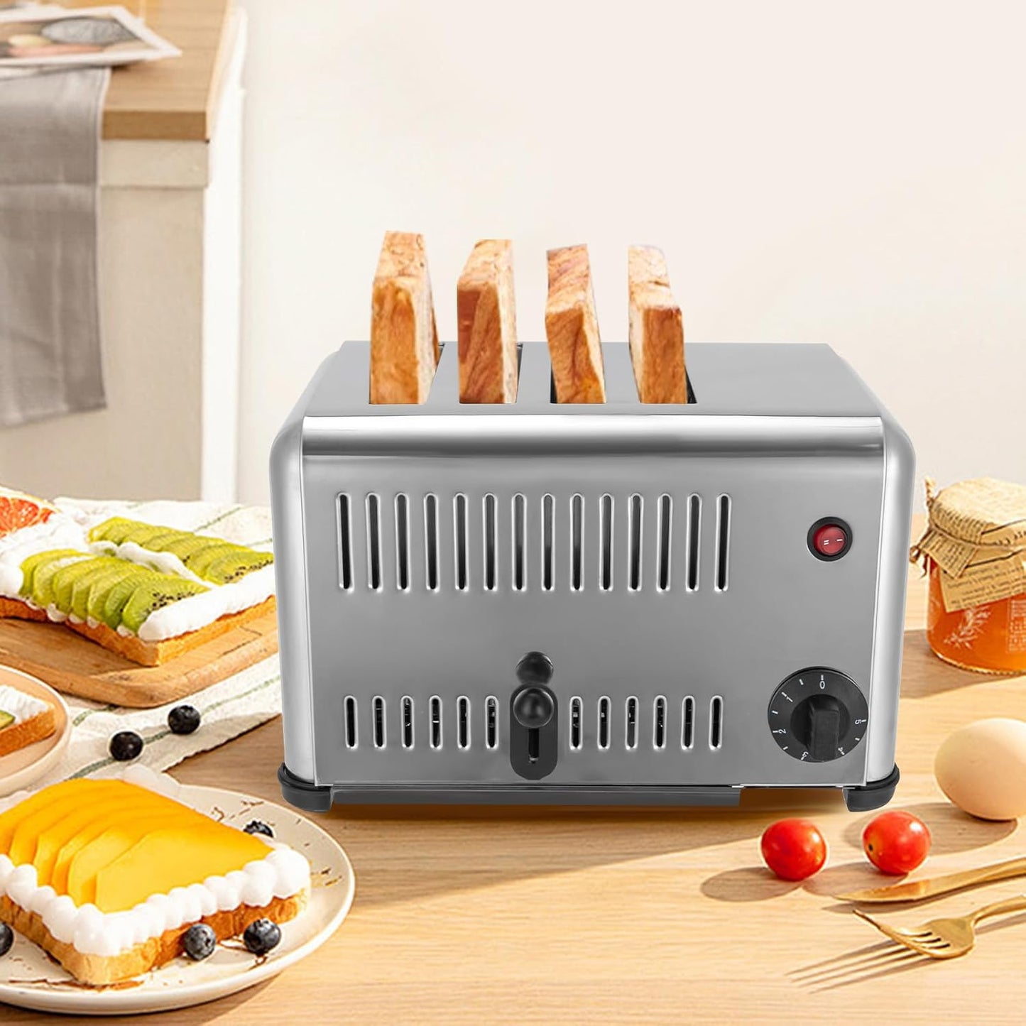4-Slice Pop-up Bread Baking Machine 1650W 110V Electric Toaster Stainless Steel Baking Machine 1.1“ Heating Slots Bread Baking Machine w/Timing Function for Kitchen Restaurant Bakery, Silver