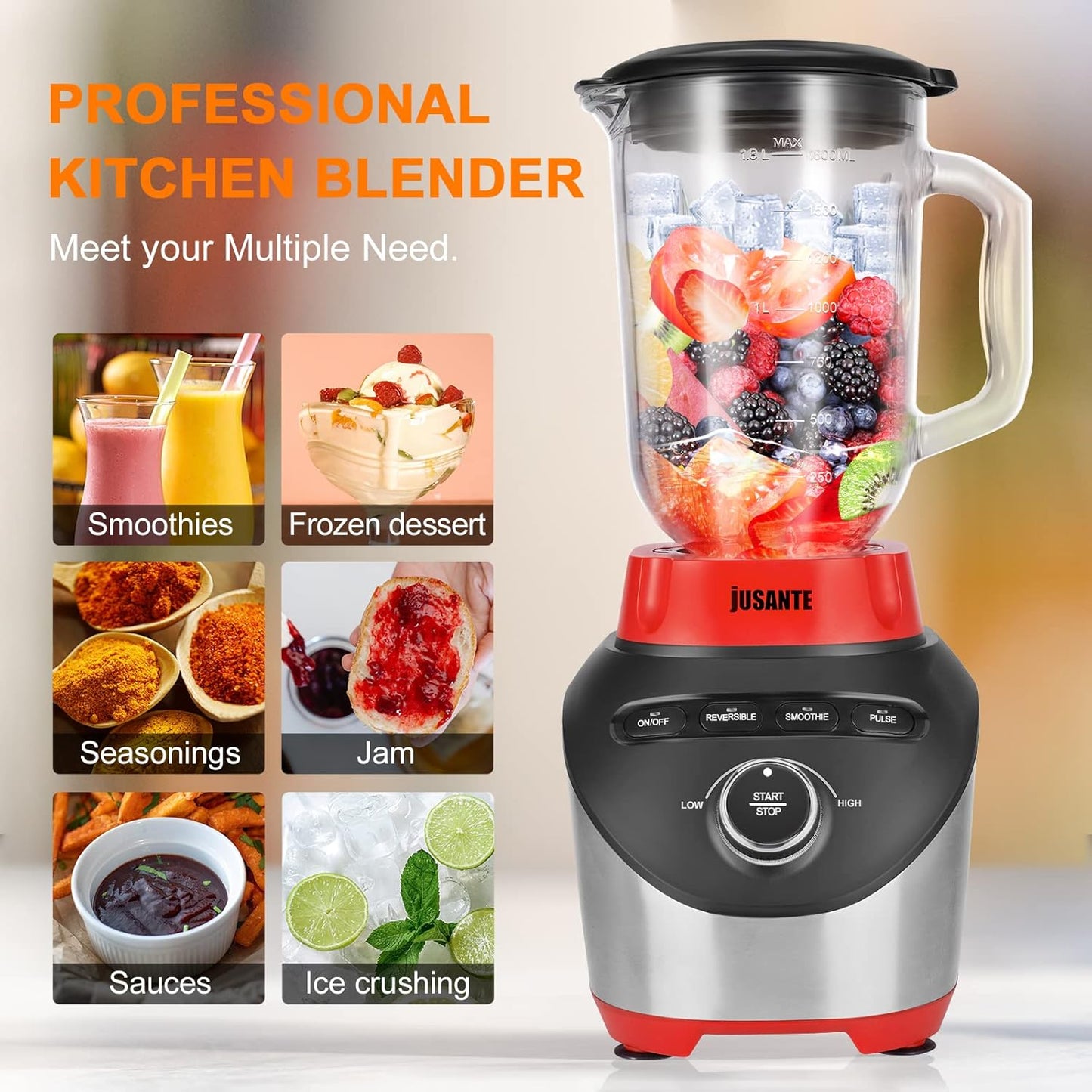 Blender, Countertop Blender for Smoothies with 64 oz Glass Jar Kitchen, 1200 Watts High Speed Juicer Blender Ice Crusher for Shakes Frozen Drinks (Red)
