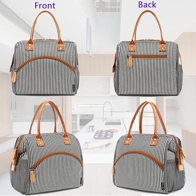 FlowFly Insulated Lunch Bag Wide-Open Lunch Box Large Tote Leakproof Cooler with Drink Holder and Multi Pockets for Women Men Adult Kids Work Picnic Travel Beach Hiking, White Black Stripes