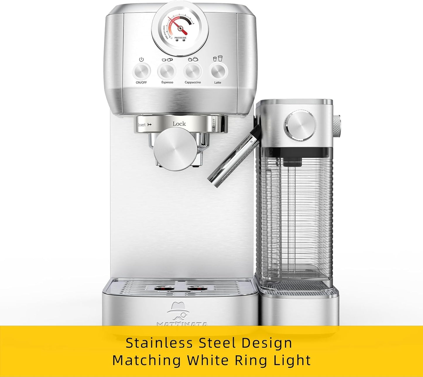 MAttinata CM1633 Cappuccino Machine 20 Bar, Professional Espresso Machines with Automatic Milk Frothering, Barista Compact Latte Maker for Home, with Pressure Gauge for Coffee Lovers, Stainless Steel