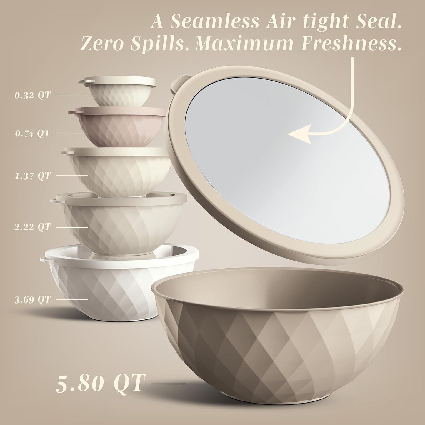 COOK WITH COLOR Mixing Bowls with Lids - 12 Piece Plastic Nesting Bowls Set includes 6 Prep Bowls and 6 Lids, Diamond Design - Microwave Safe, Brown