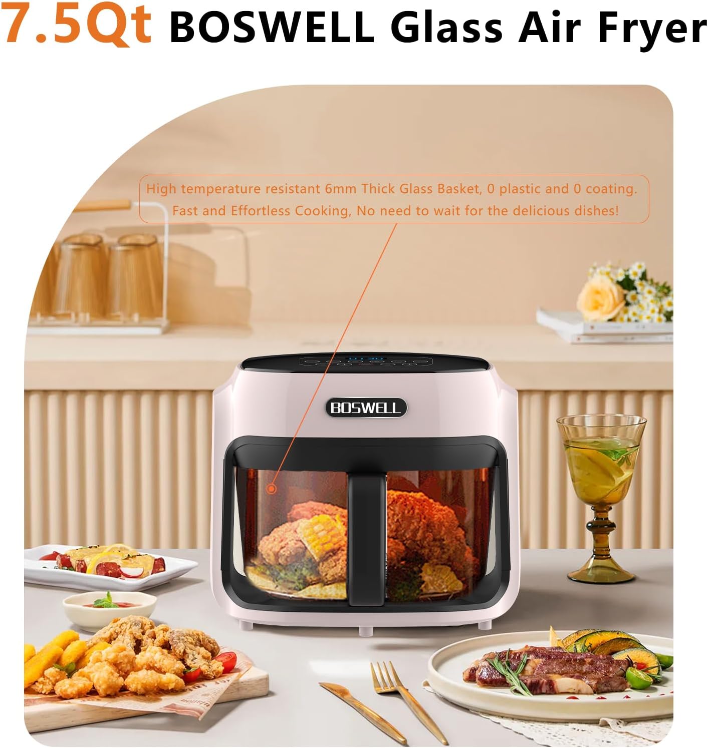 BOSWELL Glass Air Fryer, 7.5 QT with Transparent Fry Bowl, Circulating Heating, Temperature Control, Stainless Steel Air Fryer Roast, Dishwasher Safe (Pink)