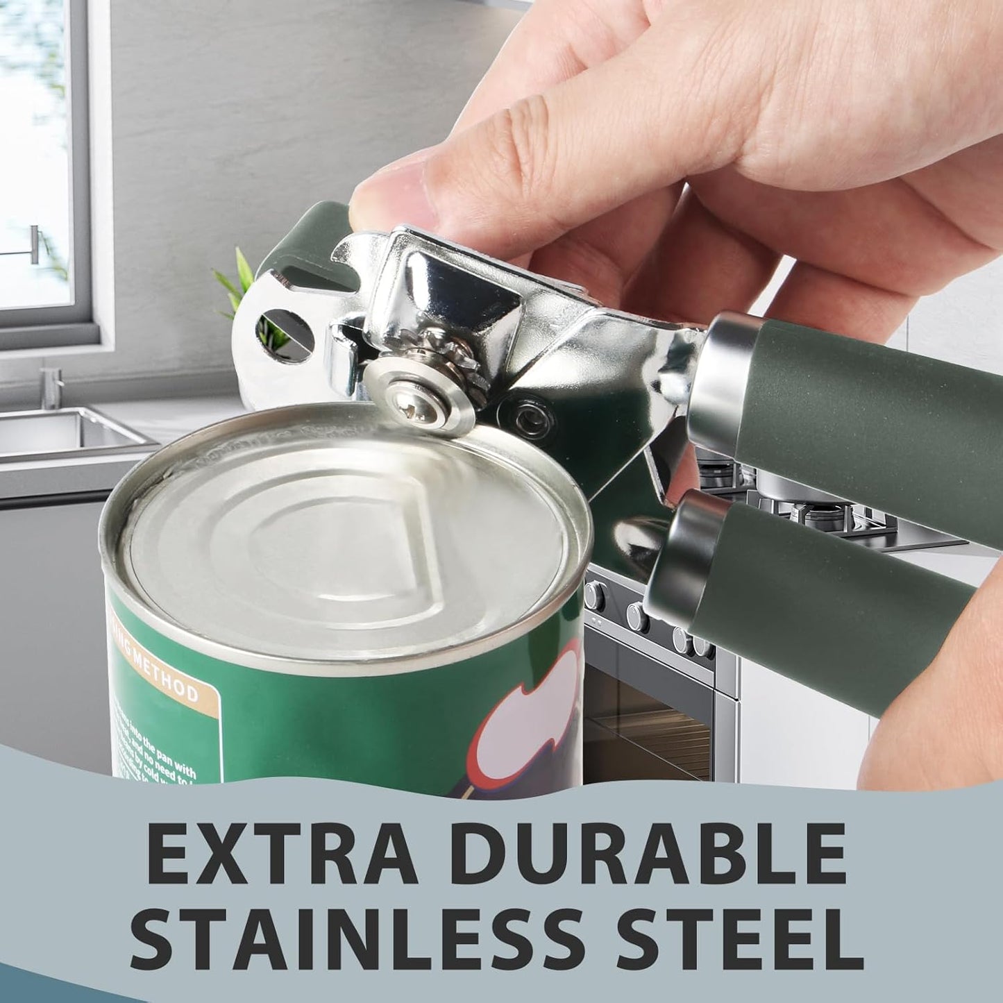 Can Opener Manual, Heavy Duty Handheld Strong Can Opener with Soft Touch Handle, Sharp Blade Smooth Edge, Can Openers with Multifunctional Bottle Opener, Hunter Green