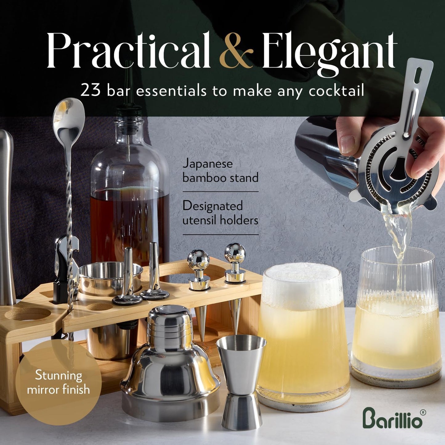 Barillio Bartender Kit - Stainless-Steel Cocktail Shaker Set w/Bamboo Stand - Mixology Bar Tools w/Drink Shaker, Mixer Spoon & Muddler for Cocktails - Home Bar Accessories - 23-Pc Bar Set - Silver