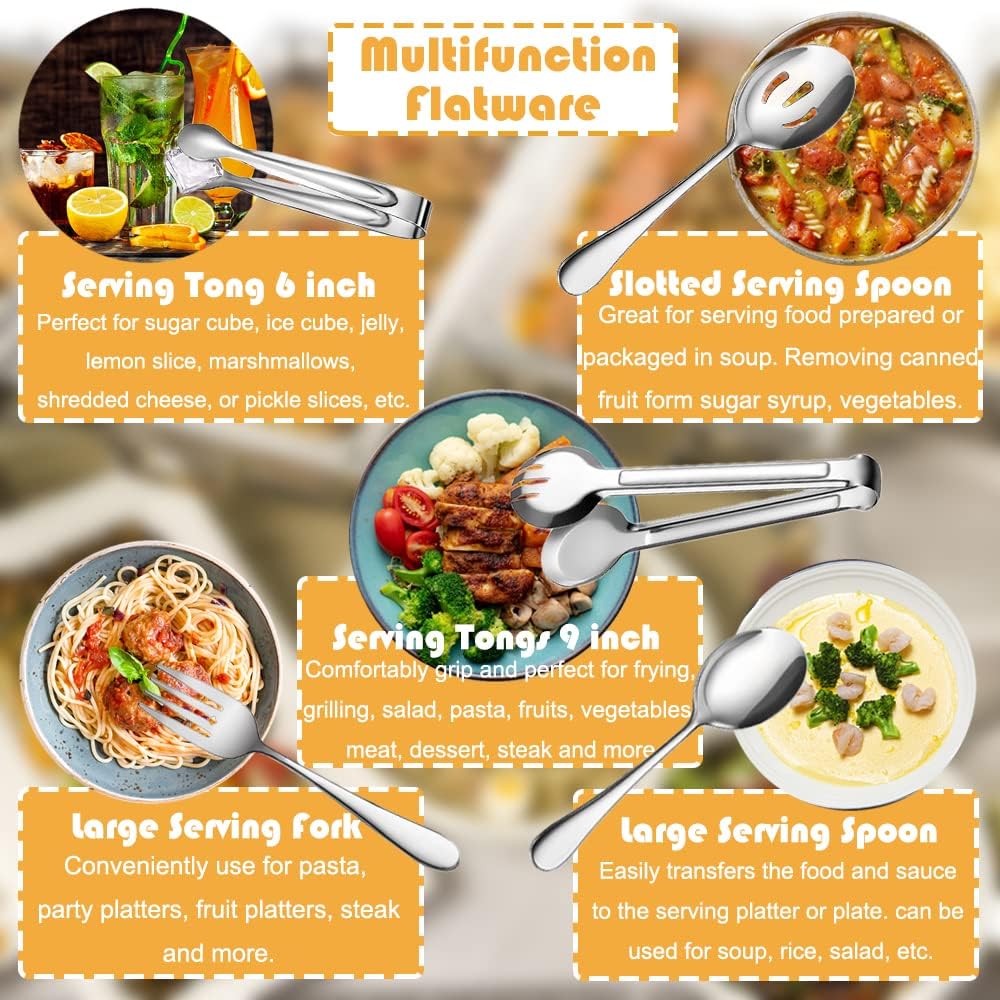 10 PCS Stainless Steel Serving Utensils, Large Serving Spoons Slotted Spoons, Serving Forks, Serving Tongs, Ice Suger Tongs, Metal Utensils Set Great for Buffet Catering Banquet Party (silver)
