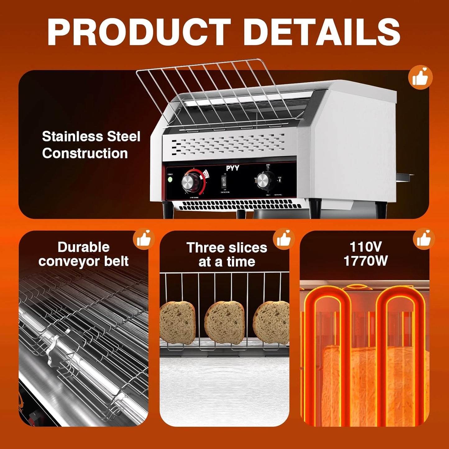 PYY Commercial Conveyor Toaster 450 Slices/Hour, Electric Conveyor Belt Toaster for Toast, Bun, Bagel, Bread, Heavy Duty Stainless Steel Toaster Oven for Restaurant, Bakery, Buffet Use