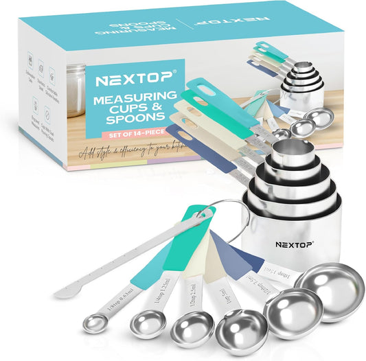 Nextop 14-Piece Stainless Steel Measuring Cups and Measuring Spoons Set with All Stackable Sizes and Leveler for Dry Ingredients, Complete Set for Kitchen & Baking Measuring Tools (Aqua Sky Blue Set)