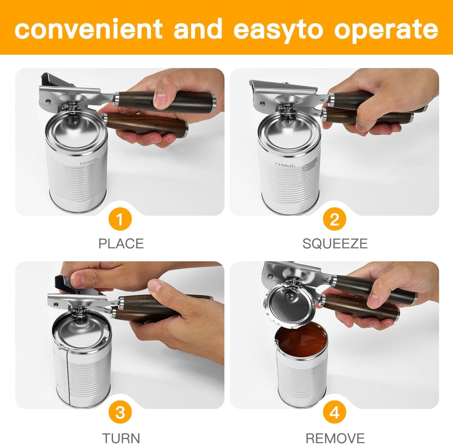 Upgraded Efficient Manual Can Opener - Selected Solid Wood Handle, Sharp and Smooth Blade Edge, Portable Design, Easy-Open Large Knob, Versatile for Various Bottle Caps（Agarwood）
