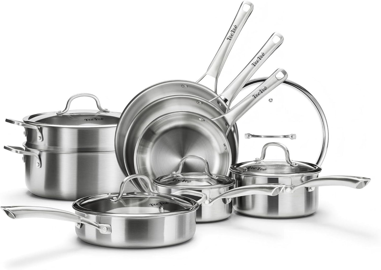 Stainless Steel Cookware Set,Tir-Ply Pots and Pans Set,13 Pcs Stainless Steel Induction Kitchen Cookware Sets,PFOA Free, Frying Pans,Saucepans,Saute Pan & Stock Tagine Pot,Compatible with All Cooktops