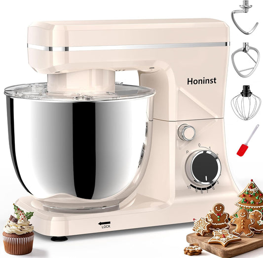 Stand Mixer, 10-Speed Kitchen Electric Mixer, 6QT Food Mixer with 8-in-1 Splash Guard, Dishwasher-Safe Dough Hook/Whisk/Beater/Spatula, Dough Mixers for Baking, Beige