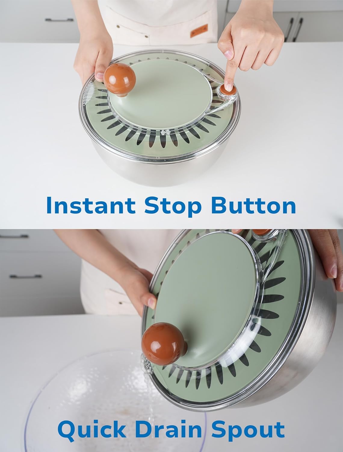 Stainless Steel Salad Spinner, Lettuce Spinner with Drain, Non-Slip Base, Stop Button, Vegetable Dryer, BPA Free, 5.3 Qt