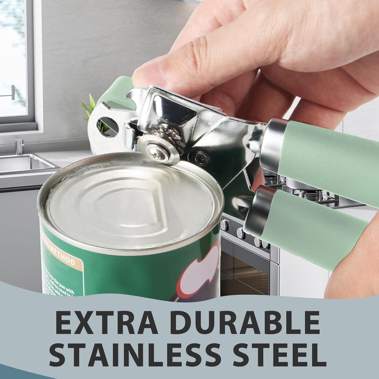 Can Opener Manual, Heavy Duty Handheld Strong Can Opener with Soft Touch Handle, Sharp Blade Smooth Edge, Can Openers with Multifunctional Bottle Opener, Mint