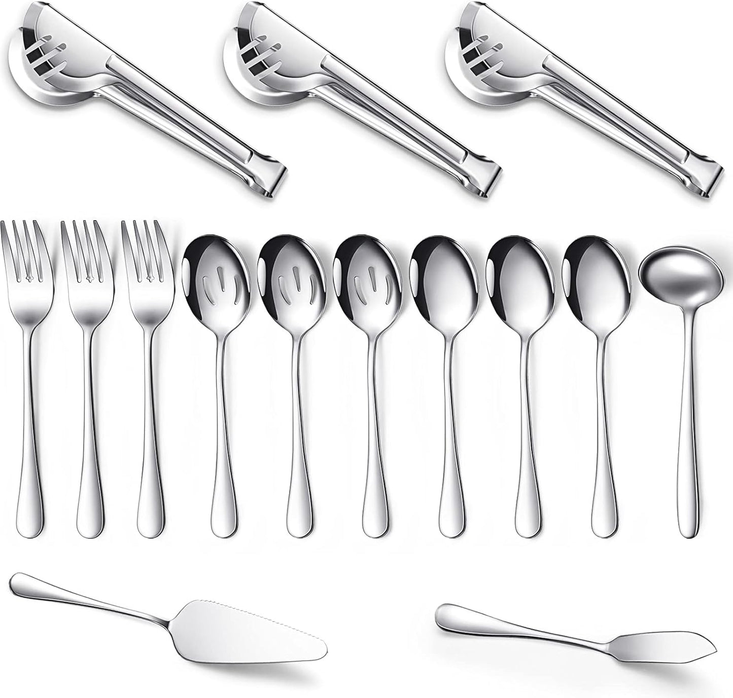 Patelai Serving Utensils Set Include Stainless Steel Large Spoons Slotted Spoons Forks Tongs Soup Ladle and Pie Server for Parties Buffet Catering, Dishwasher Safe(Silver,15 Pieces)