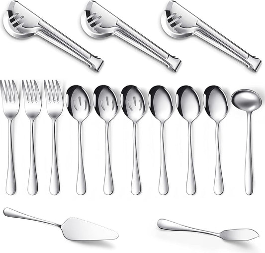 Patelai Serving Utensils Set Include Stainless Steel Large Spoons Slotted Spoons Forks Tongs Soup Ladle and Pie Server for Parties Buffet Catering, Dishwasher Safe(Silver,15 Pieces)