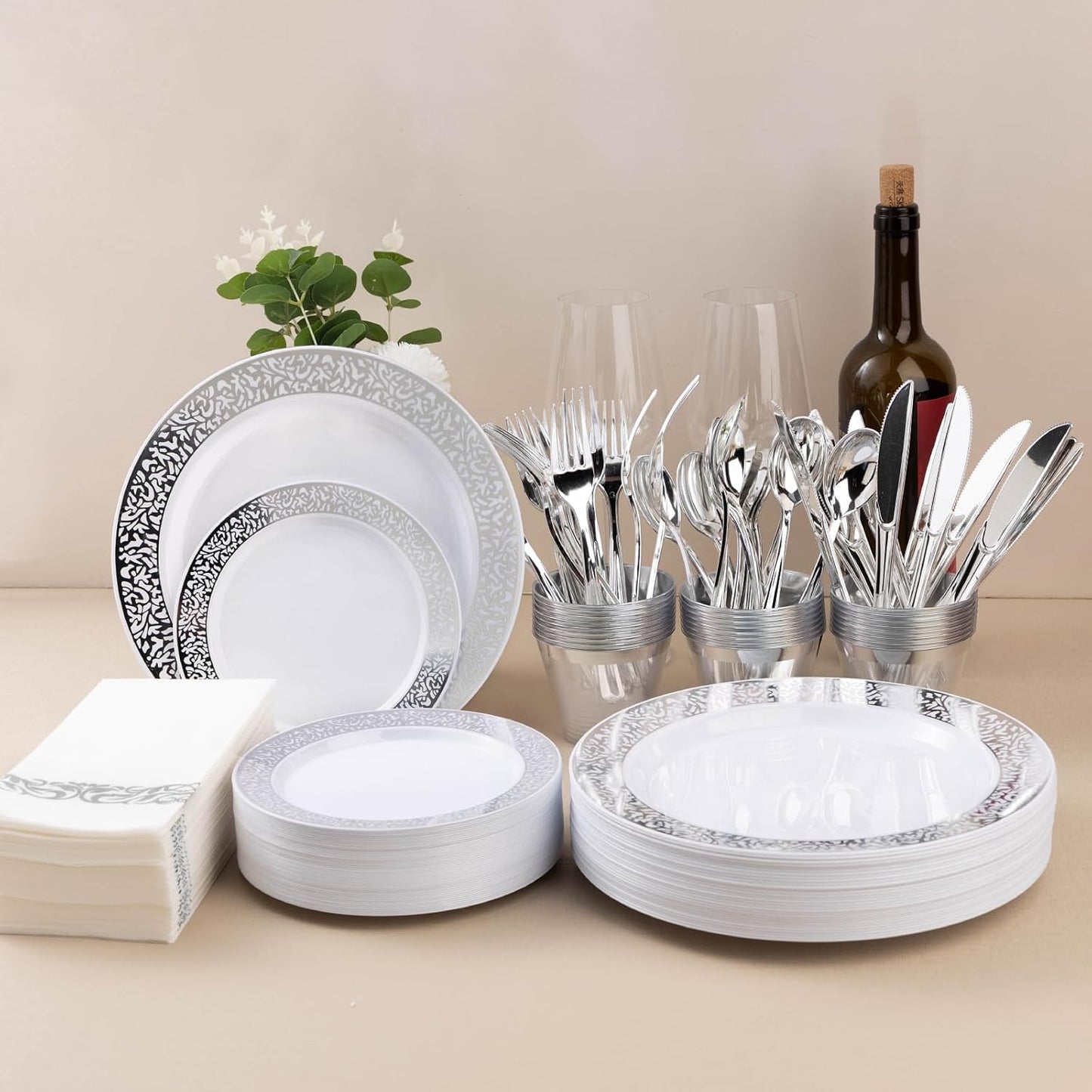 700PCS Silver Plastic Dinnerware Set for 100 Guests, Disposable Plates for Party, Include 100 Dinner Plates, 100 Dessert Plates, 100 Set Silver Silverware, 100 Cups, 100 Napkins