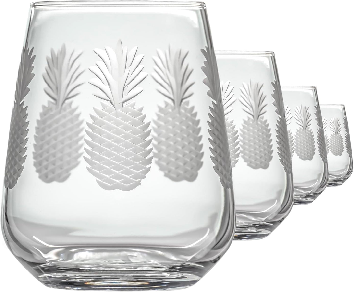 Rolf Glass Fresh Pineapple Stemless Wine Glass | 15.75oz Stemless Tumblers | Lead-Free and Diamond-Wheel Engraved | Tropical Coastal Etched Glassware with Pineapple Design | Set of 4