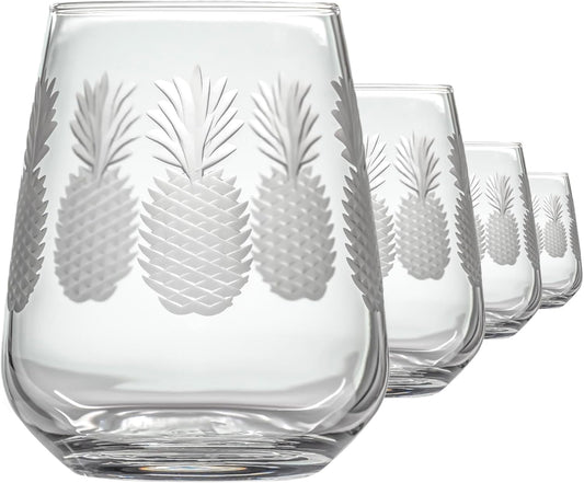 Rolf Glass Fresh Pineapple Stemless Wine Glass | 15.75oz Stemless Tumblers | Lead-Free and Diamond-Wheel Engraved | Tropical Coastal Etched Glassware with Pineapple Design | Set of 4