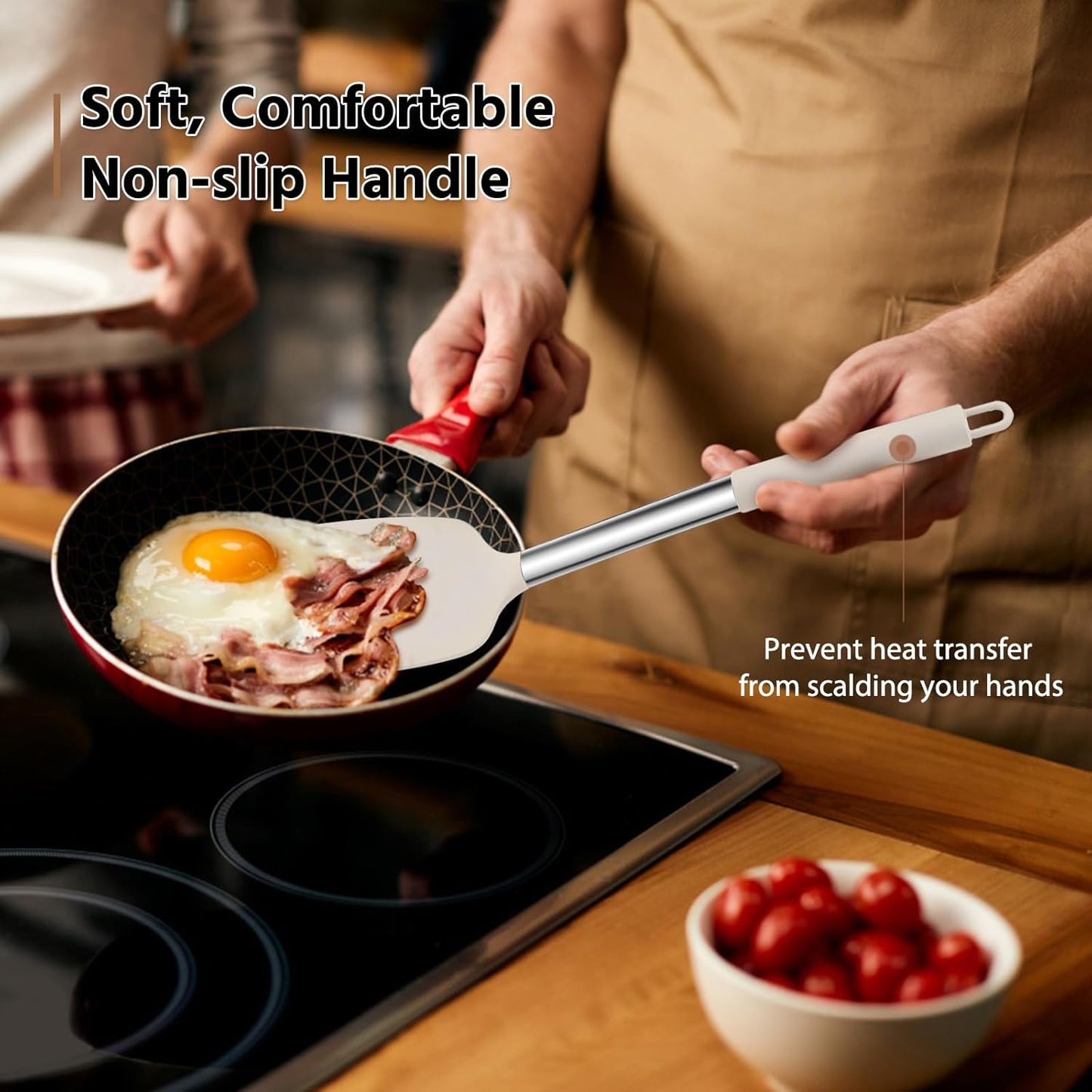 E-far Silicone Spatula Set of 2, Solid & Slotted Turner for Nonstick Cookware, Heat Resistant Rubber Kitchen Cooking Utensils for Flipping Fish Pancake Egg - Khaki