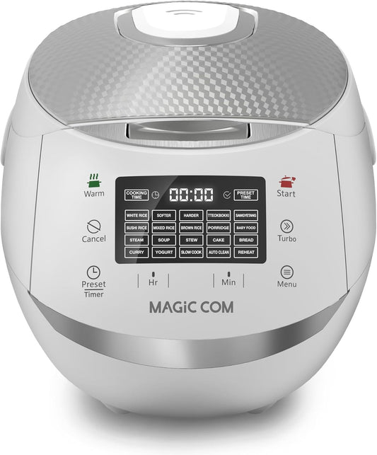 MAGiC COM Rice Cooker, 20 Cup(Cooked) 10 Cup(Uncooked) One Touch Healthy Cooking with 15 Menu Modes, Nonstick Inner Pot, Steamer Basket, Auto Clean, 24 Hour Delay Timer and Auto Keep Warm(White)
