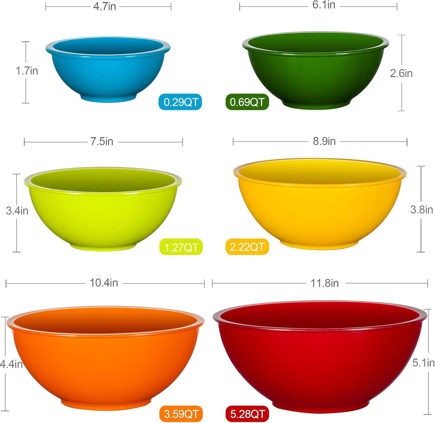 YIHONG 6 Piece Plastic Mixing Bowls Set, Colorful Serving Bowl for Kitchen, Ideal for Baking, Prepping and Cooking,Nesting Design for Space Saving Storage, Rainbow