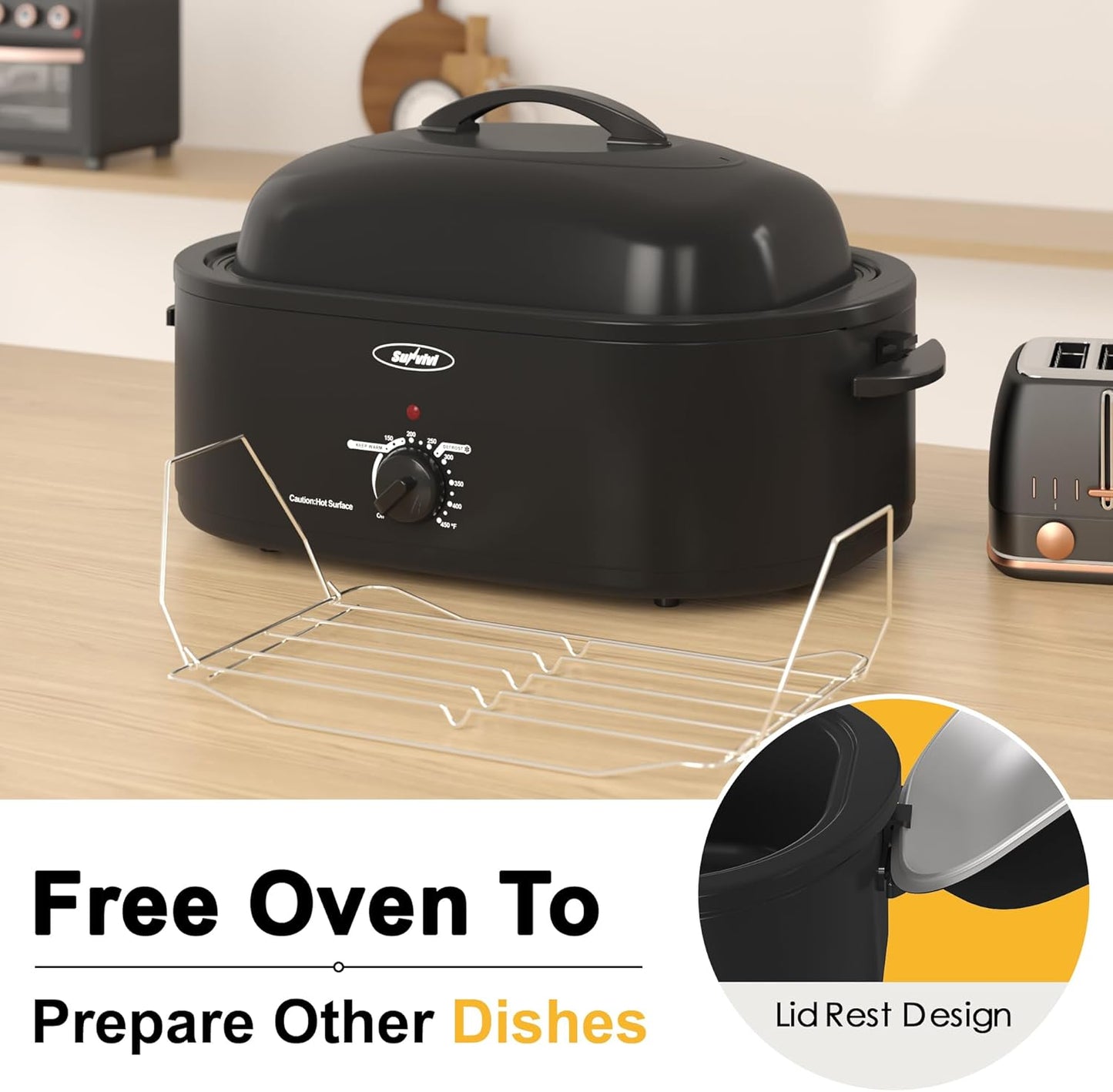 Sunvivi Roaster Oven, Electric Roaster Oven with Self-Basting Lid, 24lb 20-Quart Turkey Roaster with Unique Defrost/Warm Function, Large Roaster with Removable Pan & Rack, Stainless Steel, Black