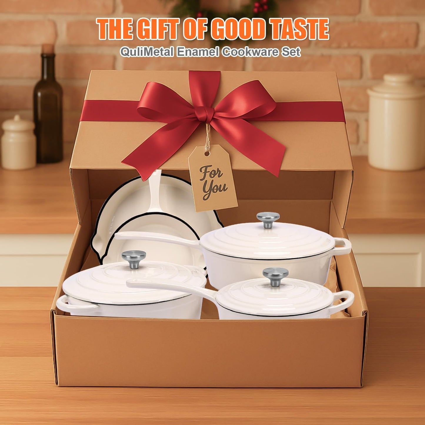 QuliMetal Nonstick Enameled Cast Iron Cookware Set, 5 Pcs Pots and Pans with Lid, Skillet, Frying Pan, Saucepan & Dutch Oven for All Stovetops, PFA Free - Ideal for Sourdough Bread Baking