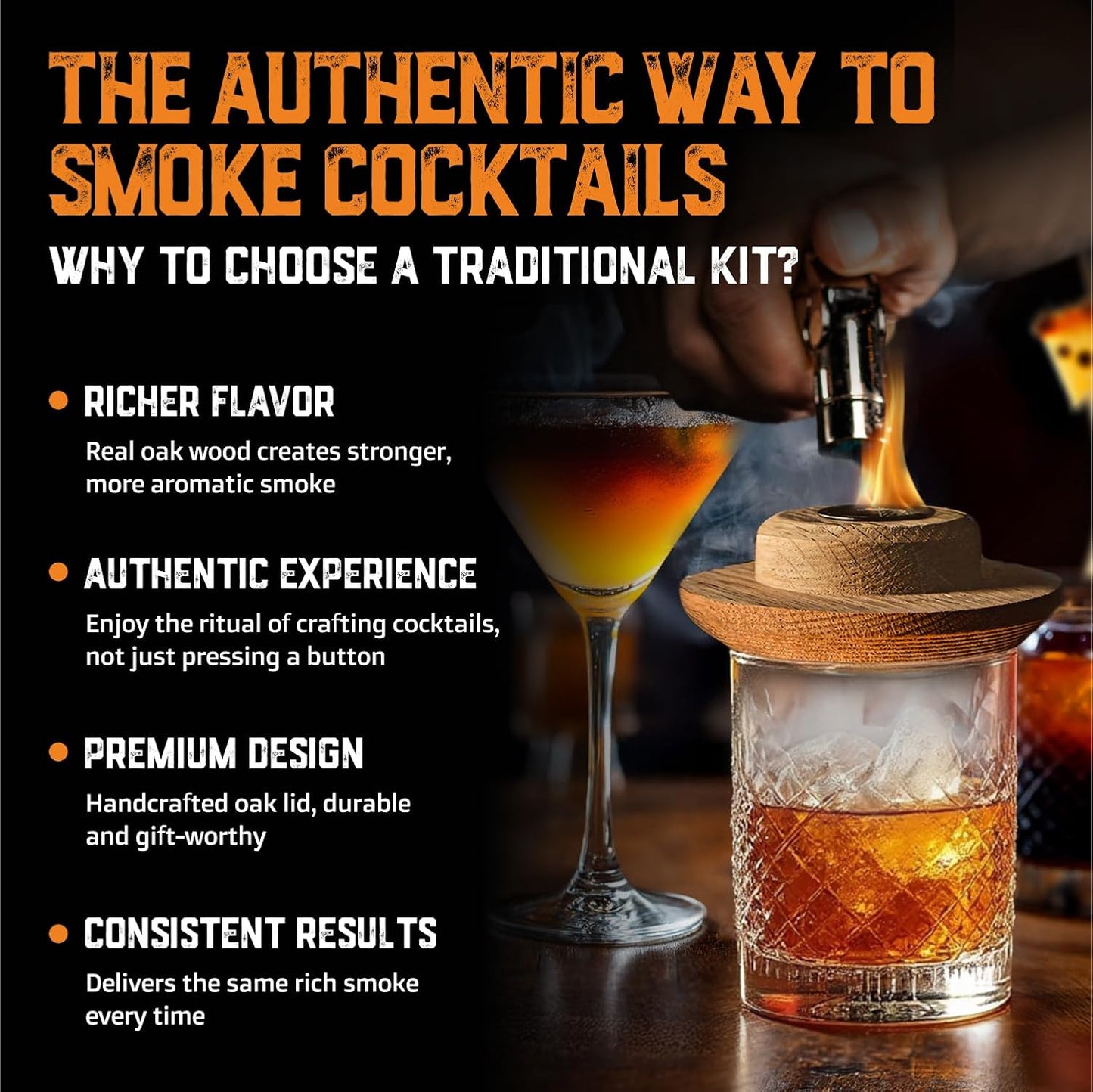 Whiskey Cocktail Smoker Kit with Torch, Old Fashioned Syrup & 8 Flavors Wood Chips - Premium USA Oak Smoker - Old Fashioned Smoker Kit - Bourbon Gifts for Men (with Butane)