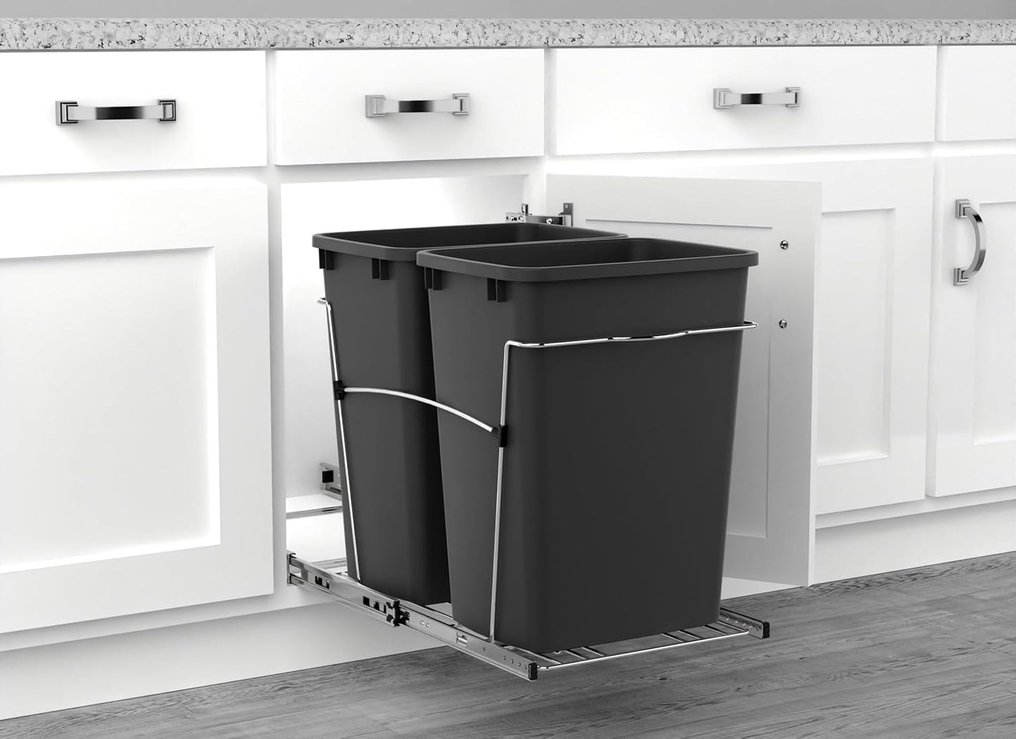 Rev-A-Shelf RV-18KD-18C S Double Pullout Trash Can for Kitchen Cabinets 35 Qt Garbage Recycling Bin on Full Extension Slides, Black