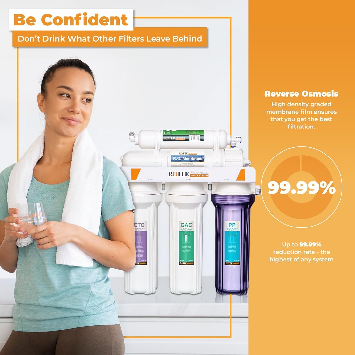 Rotek Water Systems Reverse Osmosis Water Filtration System, Under Sink 5-Stage RO Water Filter System, No Pump, Contains Leak Stop Valve, 100 GPD, Standard RO System