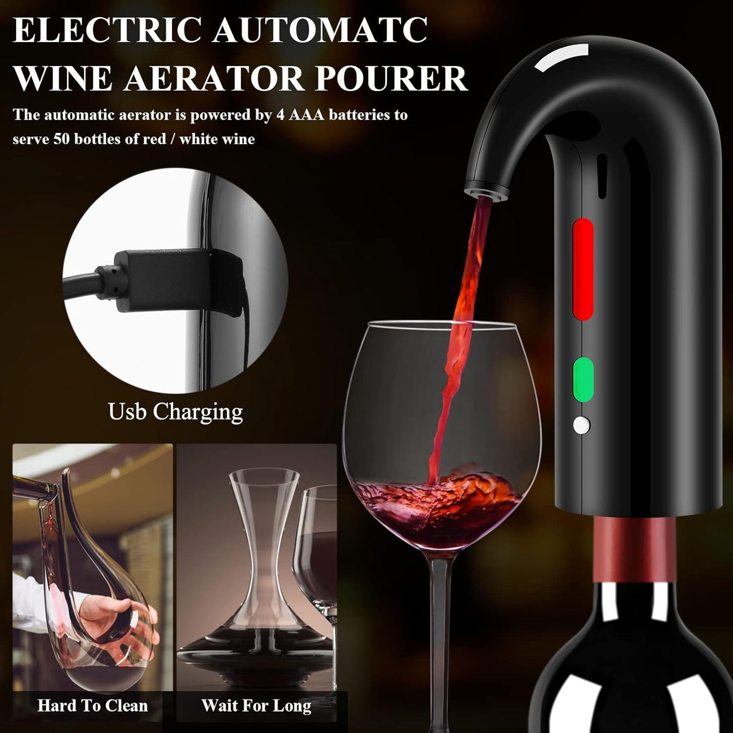 Wine Opener Christmas Day Gift Set with Electric Wine Bottle Opener, Wine Decanter&Wine Aerator and Pourer, wine stopper, Foil Cutter and EVA Storage Bag, Rechargeable and Automatic(Black)