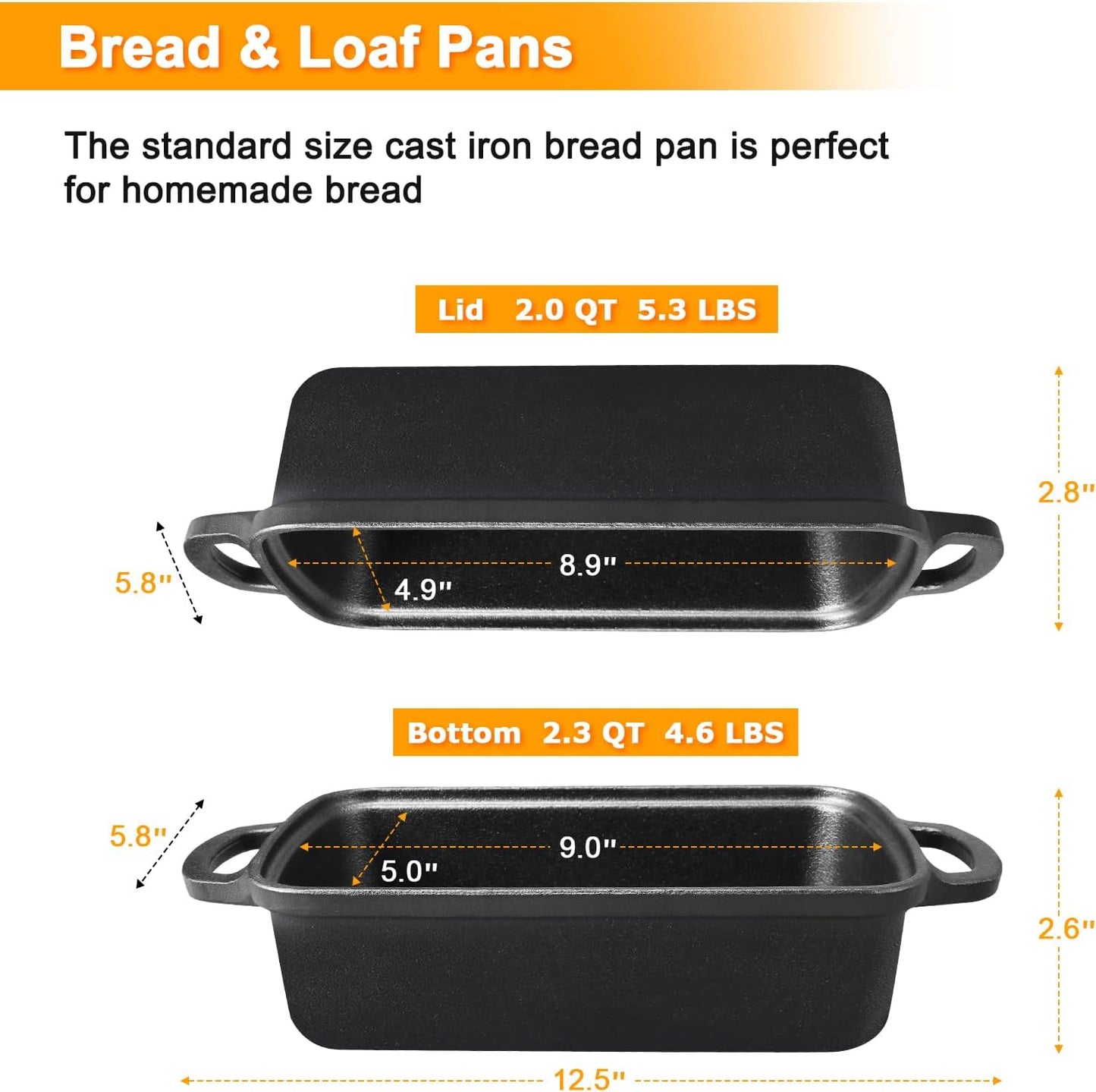 2 in 1 Cast Iron Bread Pan with Lid 9×5 Inch - Loaf Bakeware for Sourdough & Sandwich Bread - Pre-Seasoned Dutch Oven Style - Heavy Duty with Even Heating
