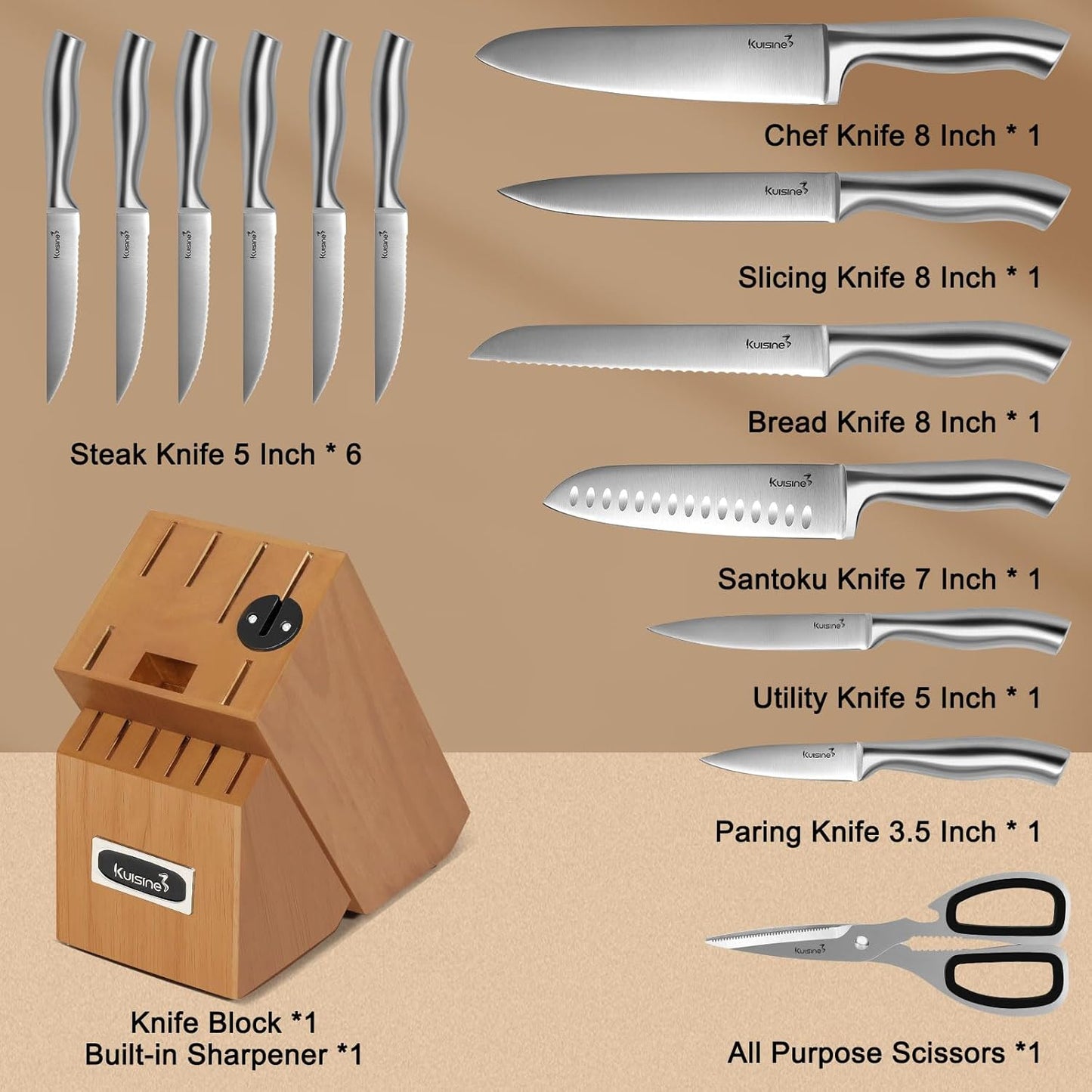 Kuisine Premium Sharp Knife Set,High Carbon Stainless Steel Sharper Blade Ergonomic Non-slip Handle,Kitchen Block Knife Set Chef Knife Block Set with Built-in Sharpener(Acacia, 15PCS)