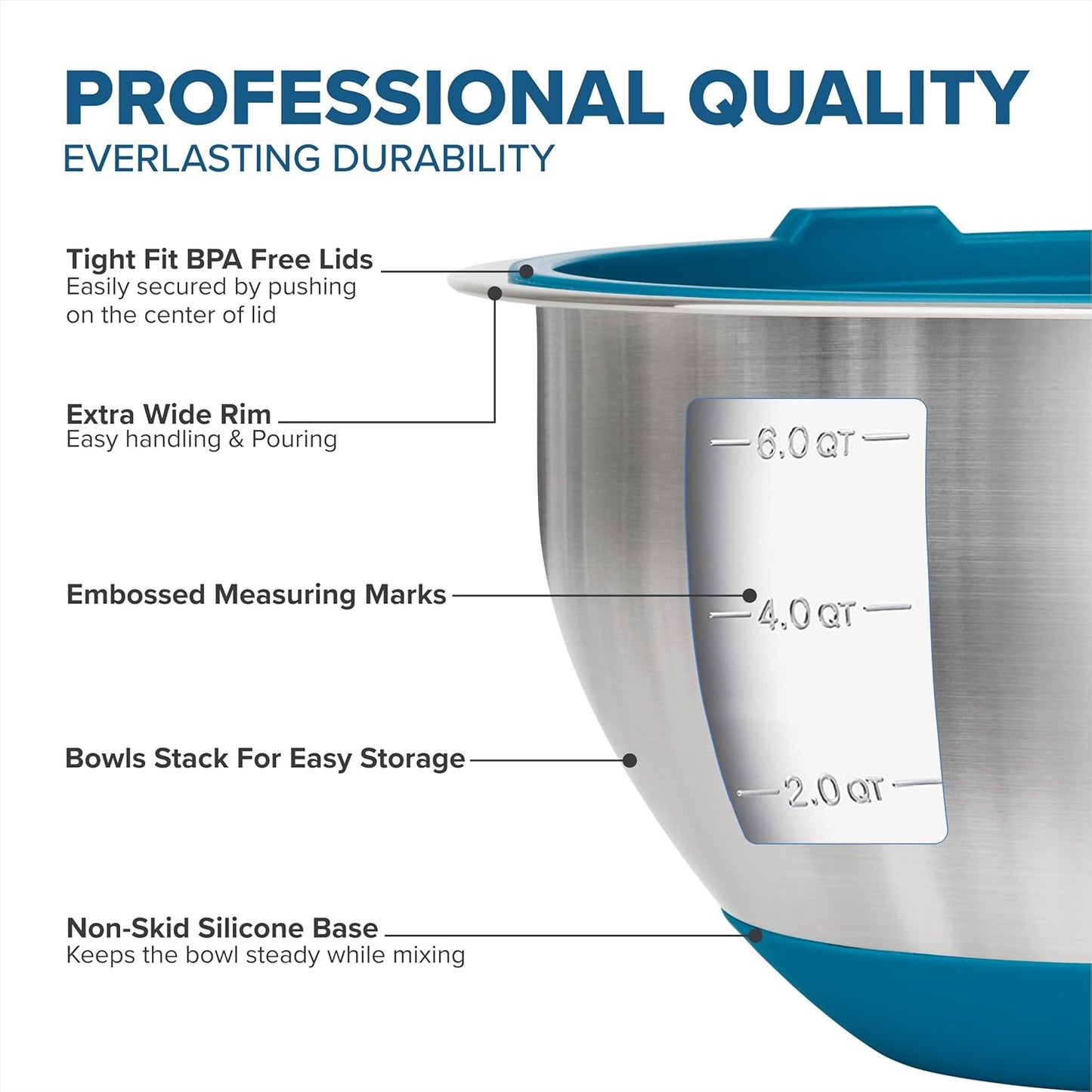 VIKING Mixing Bowls Set, 10 Piece Stainless Steel Kitchen Cookware, Non-Slip Silicone Base, Includes Tight Fit Lids, Dishwasher Safe, Blue