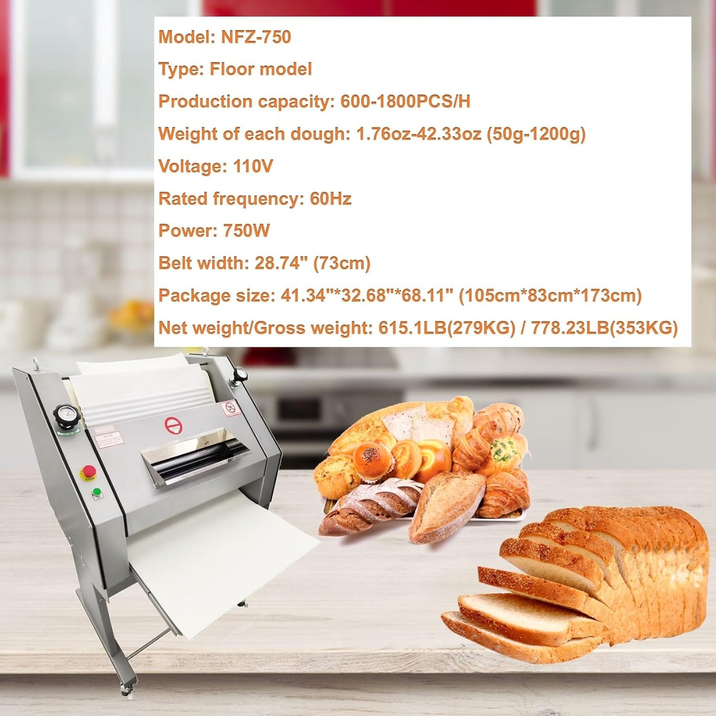 110V 750W Baguette Bread Dough Shaping Rolling Machine Floor Model 50g-1200g/pcs