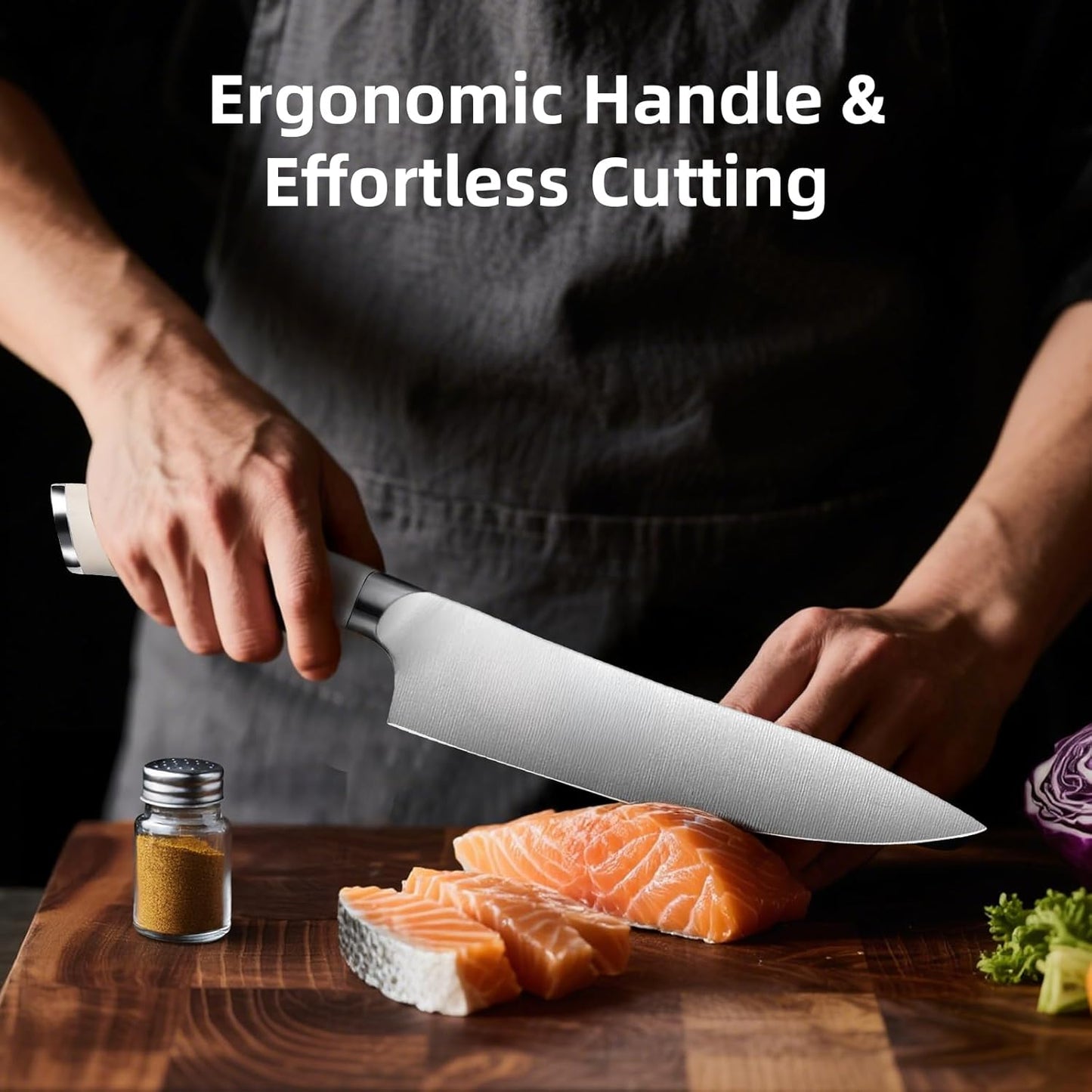 Professional White Chef Knife - 8 Inch High Carbon Stainless Steel Kitchen Knife with Ergonomic White Handle for Precise Cutting