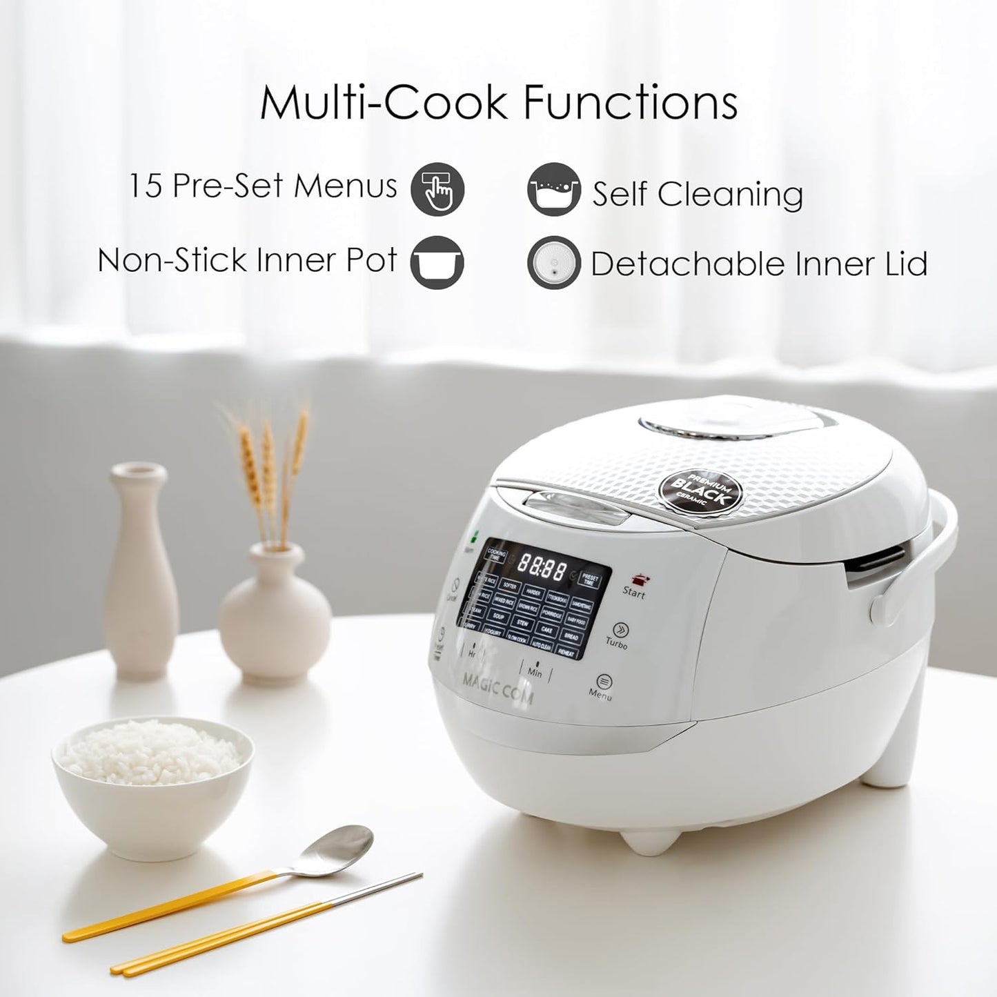MAGiC COM Rice Cooker, 20 Cup(Cooked) 10 Cup(Uncooked) One Touch Healthy Cooking with 15 Menu Modes, Nonstick Inner Pot, Steamer Basket, Auto Clean, 24 Hour Delay Timer and Auto Keep Warm(White)